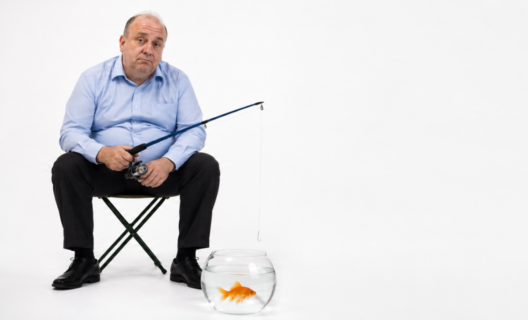 Recrutador cansado pescando em um aquário com um único peixe